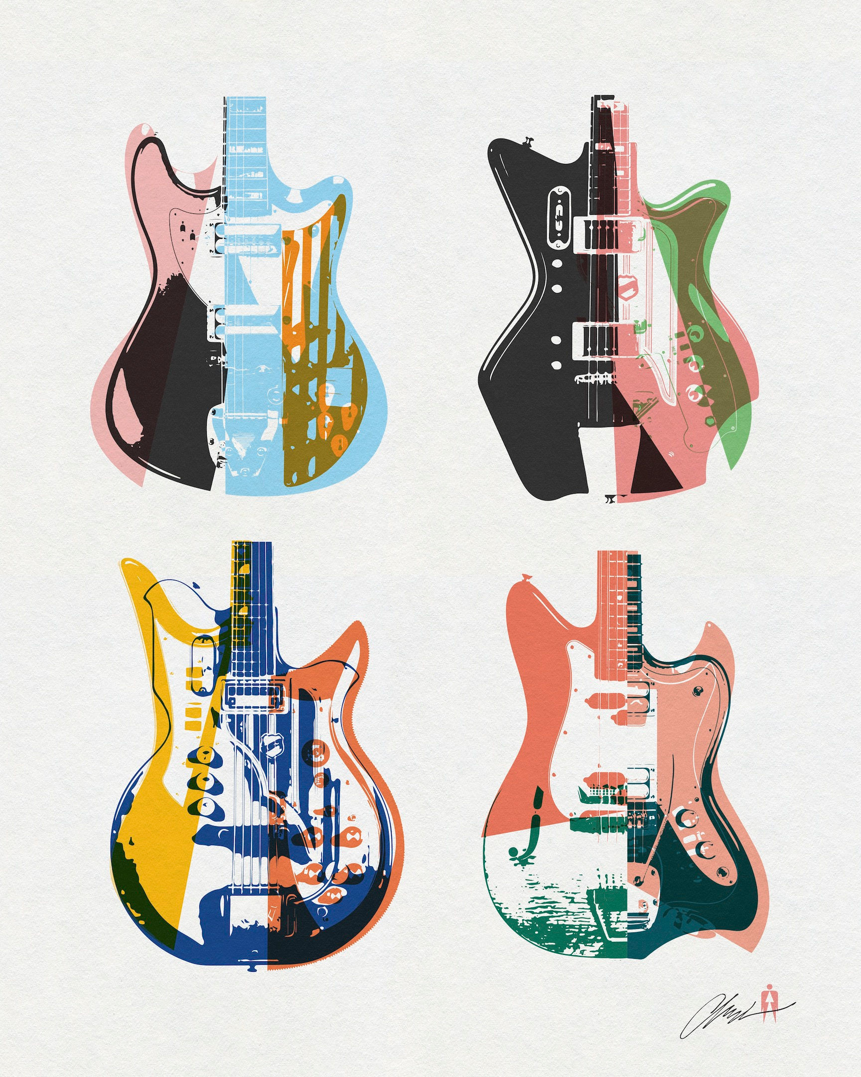 Grid of six colorful guitar forms from the Guitar Mashups series by Chris Ferebee