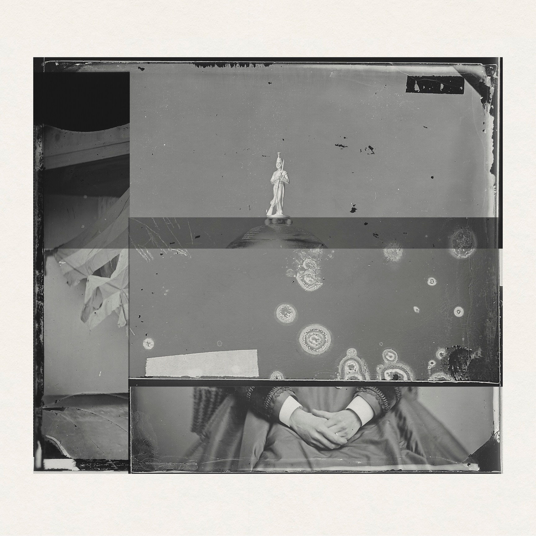 Monochromatic reconstructed collage combining figures, interiors and layered photographic imagery by Chris Ferebee