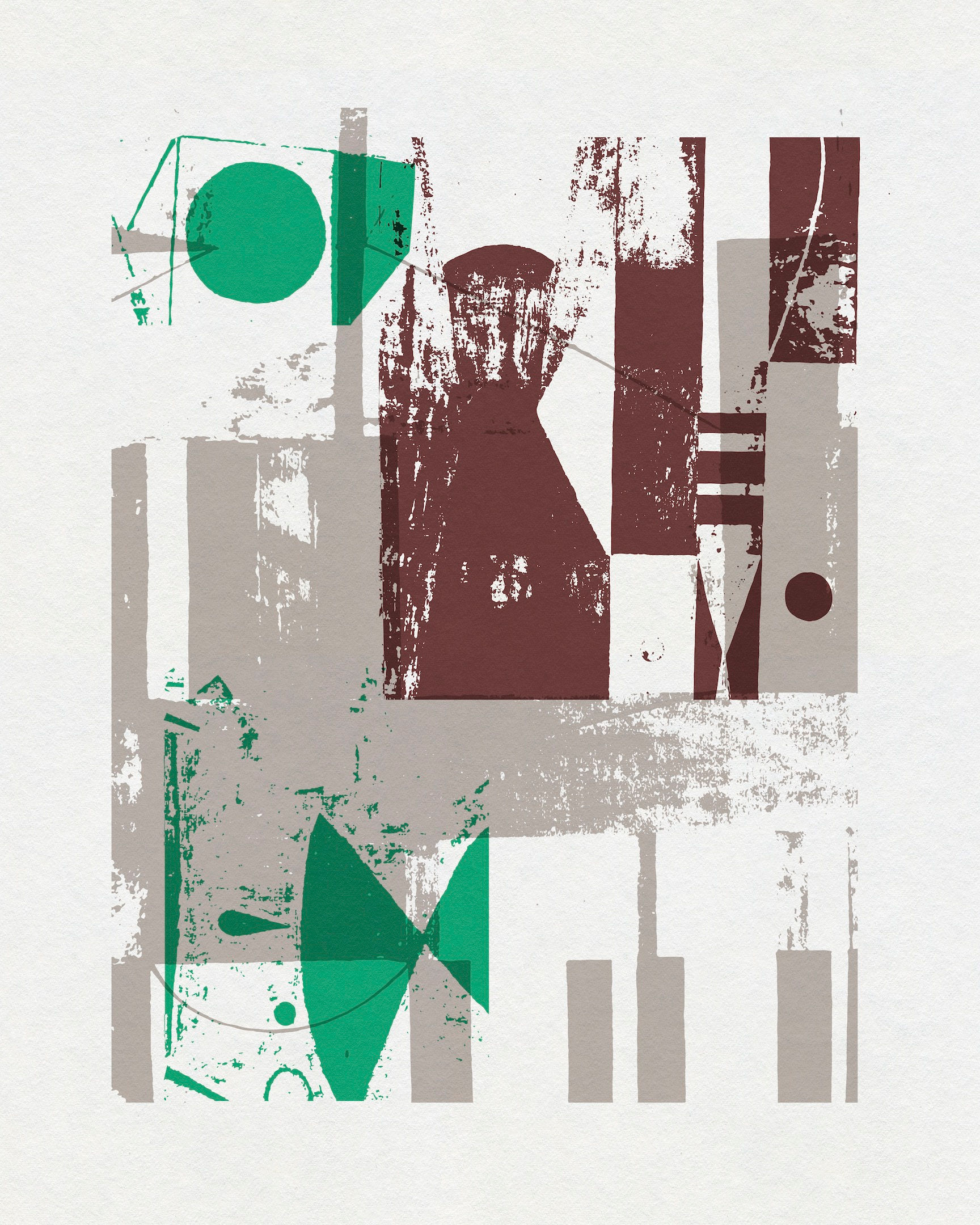 Geometric abstract artwork with green, burgundy and gray forms from the Fujita Series by Chris Ferebee