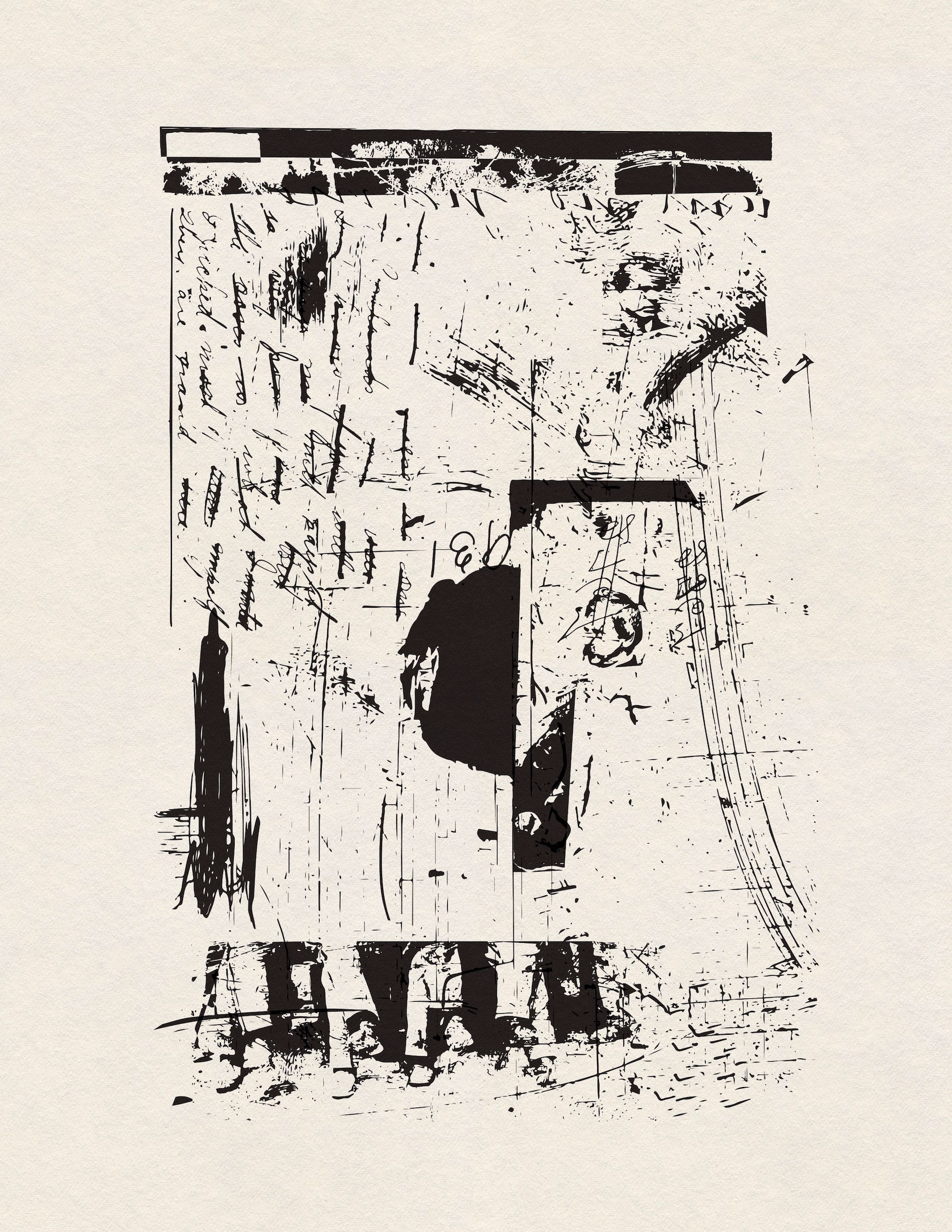 Monochromatic reconstructed collage with gestural marks and layered imagery by Chris Ferebee