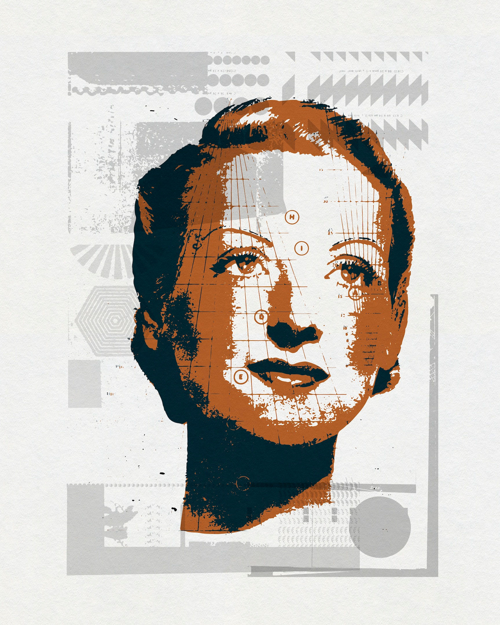 Layered graphic collage combining faces, typography and colorful geometric forms by Chris Ferebee
