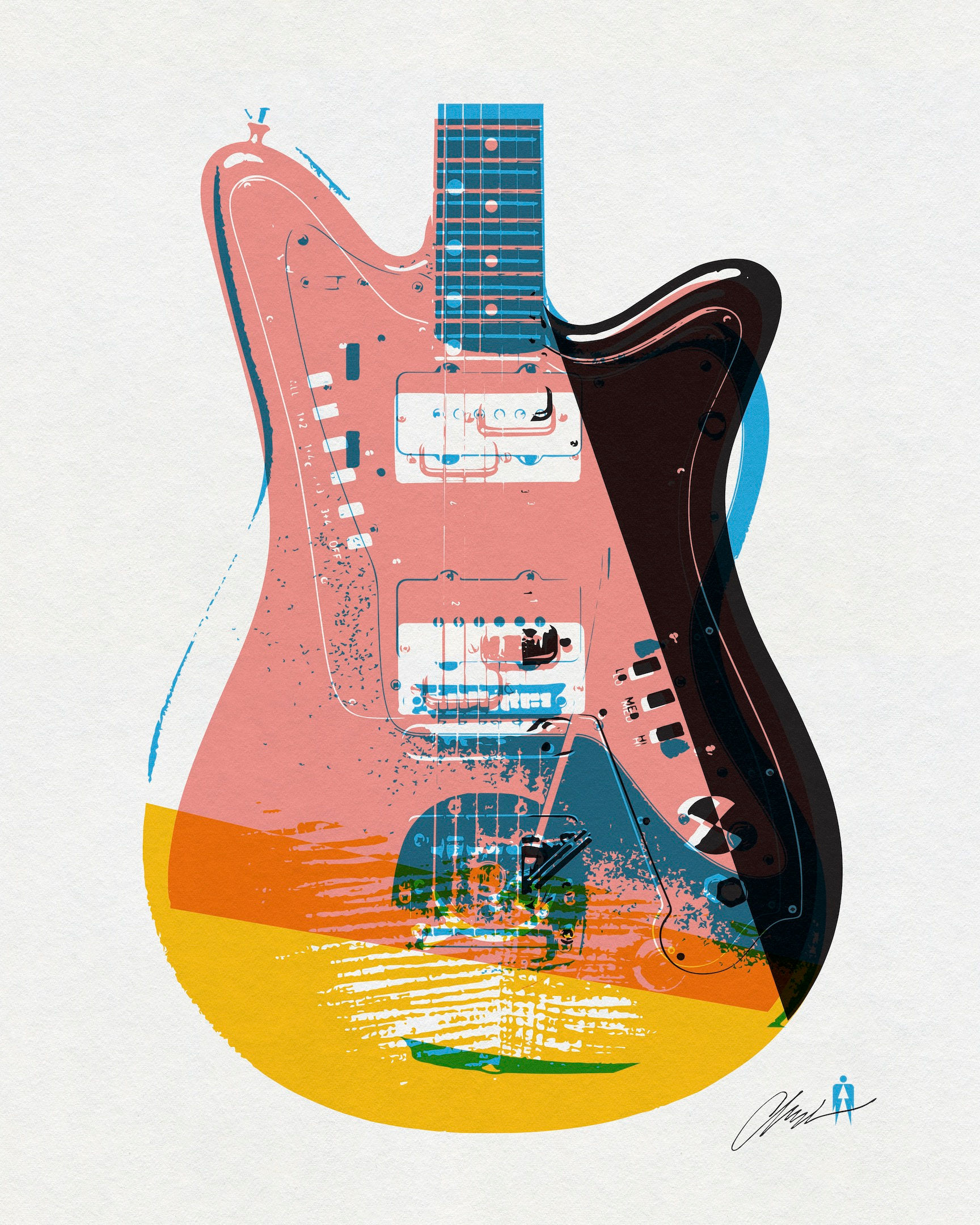 Guitar collage artwork combining pink, black and orange guitar forms by Chris Ferebee