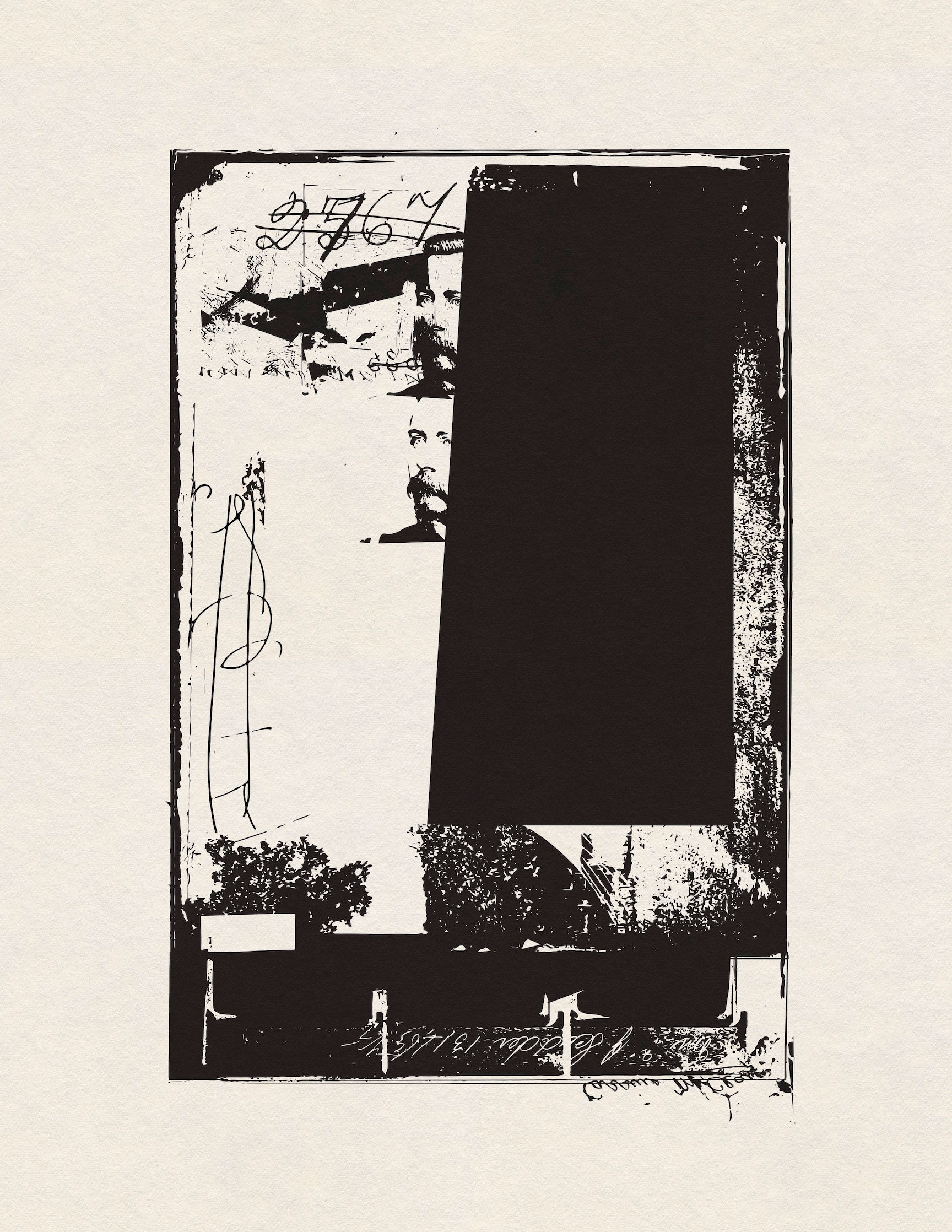 Monochromatic graphic collage with layered imagery and bold rectangular forms by Chris Ferebee