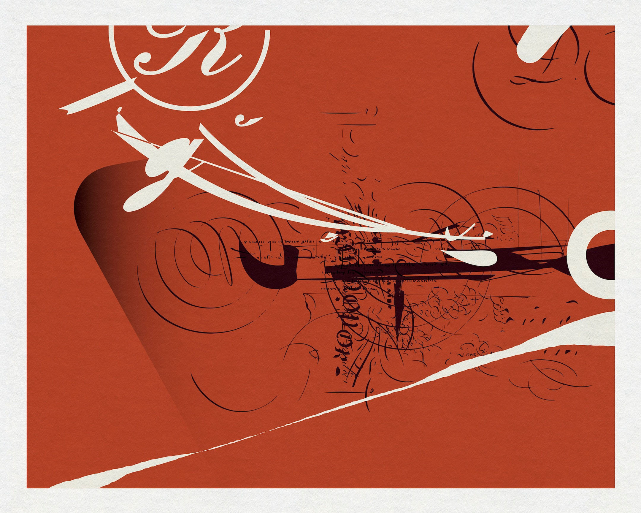 Abstract graphic composition with calligraphic lines and layered forms on a rust-red field by Chris Ferebee