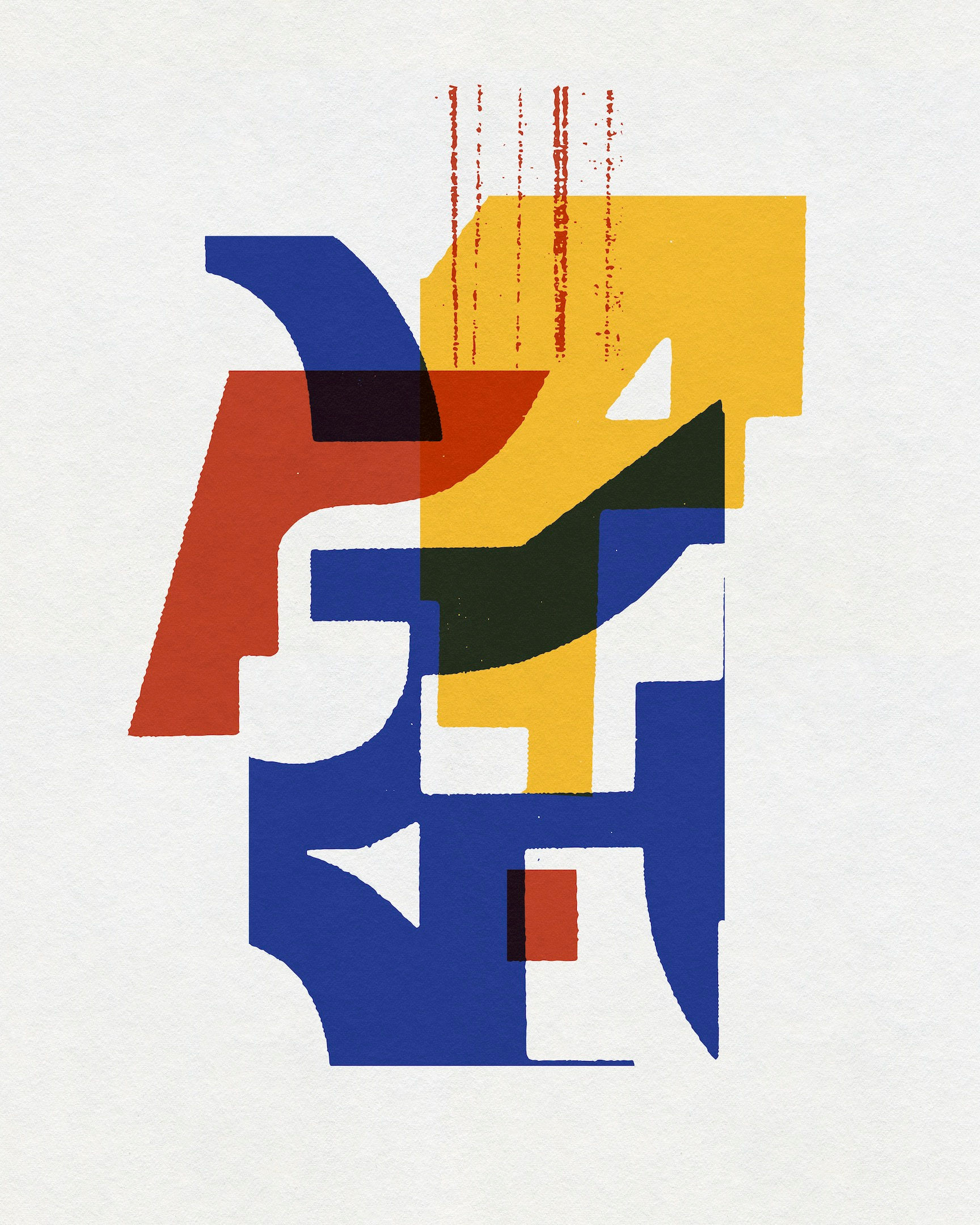 Geometric abstract artwork with red, blue, yellow and black forms from Counterblast by Chris Ferebee