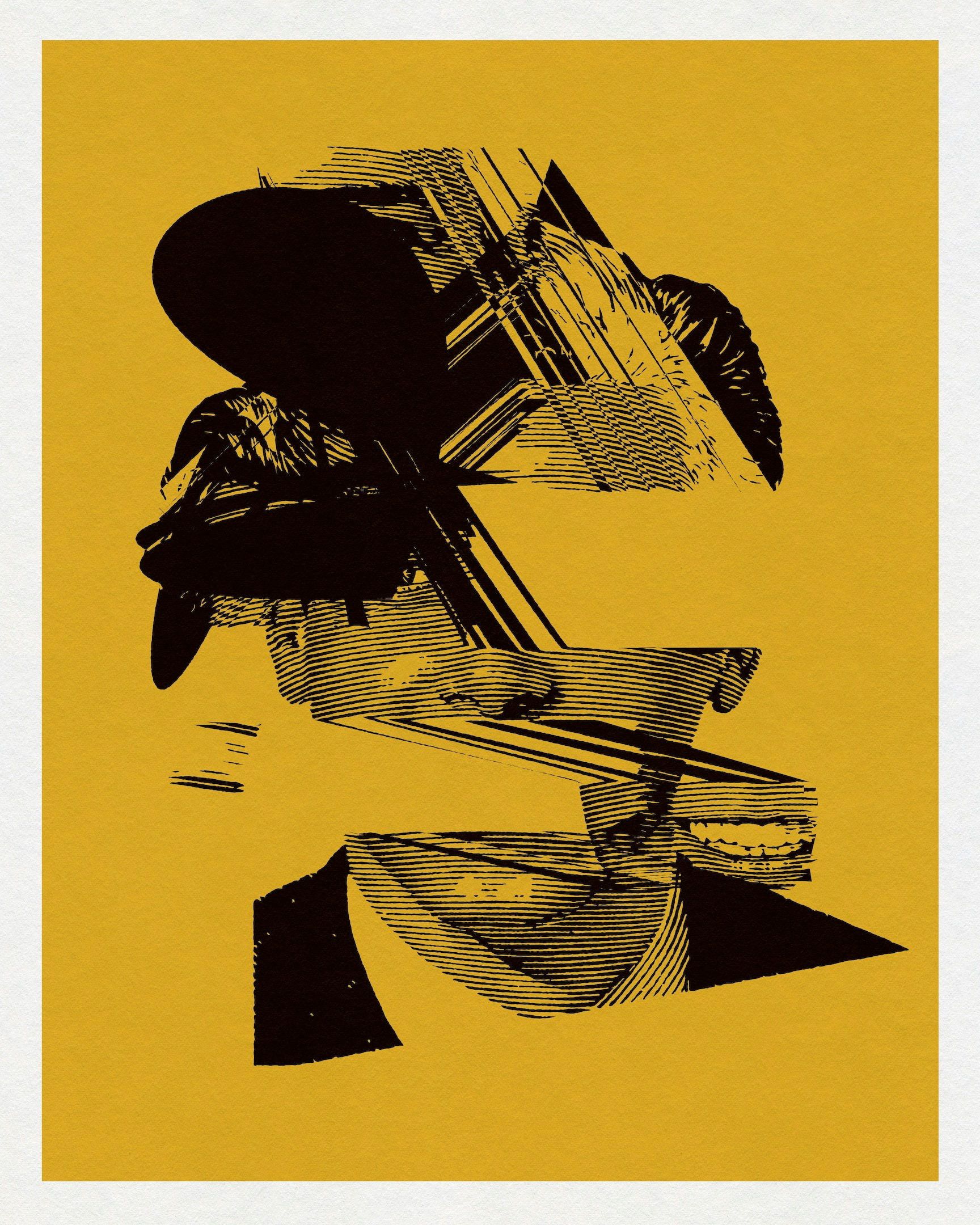 Abstract reconstructed portrait with black forms on a yellow field by Chris Ferebee