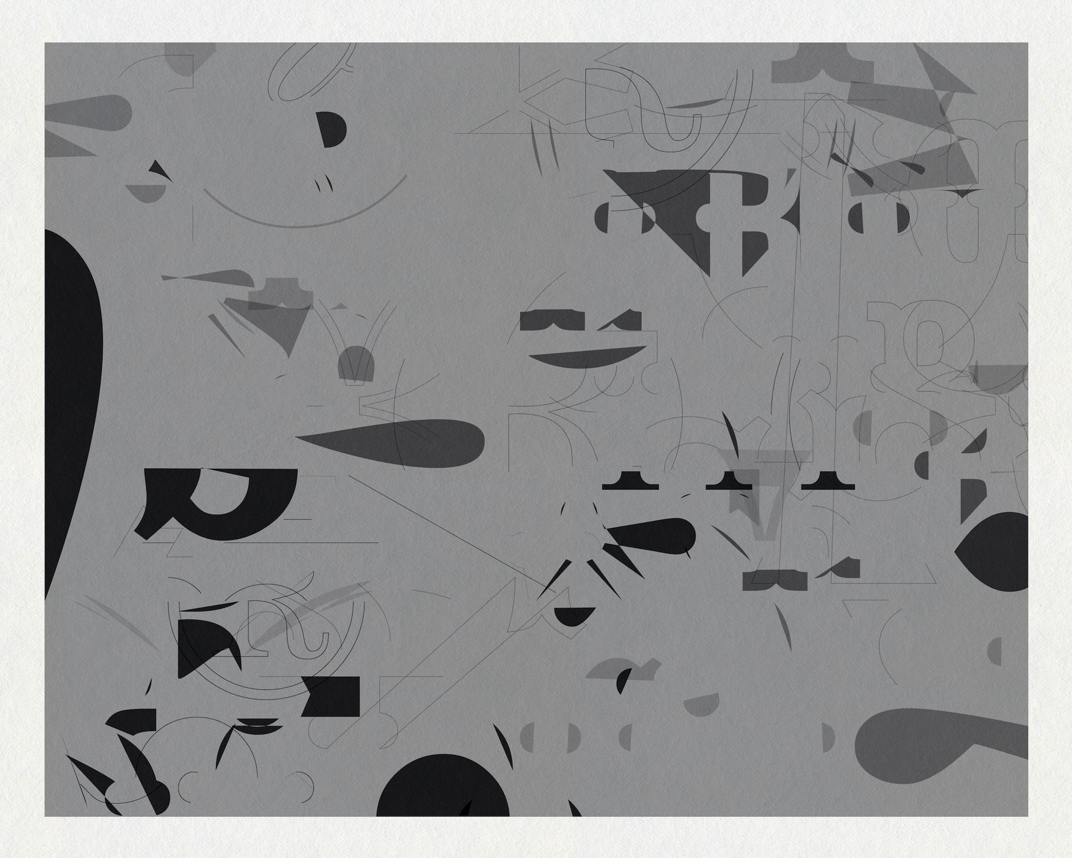 Abstract graphic composition with geometric forms and camouflage-like marks by Chris Ferebee
