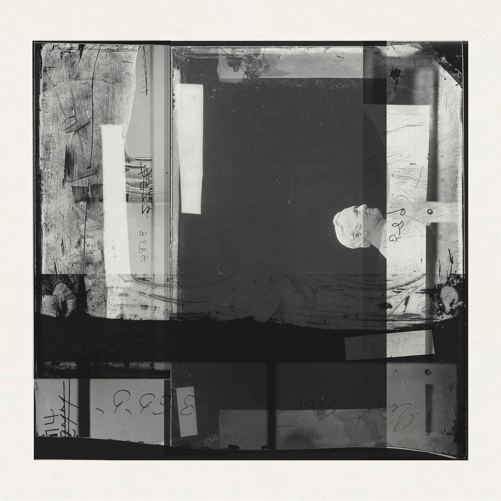 Monochromatic reconstructed collage combining photographic interiors and layered geometric forms by Chris Ferebee
