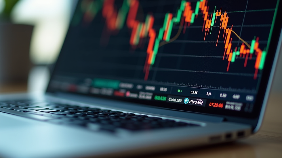 Eye-level view of a laptop displaying Bitcoin price charts