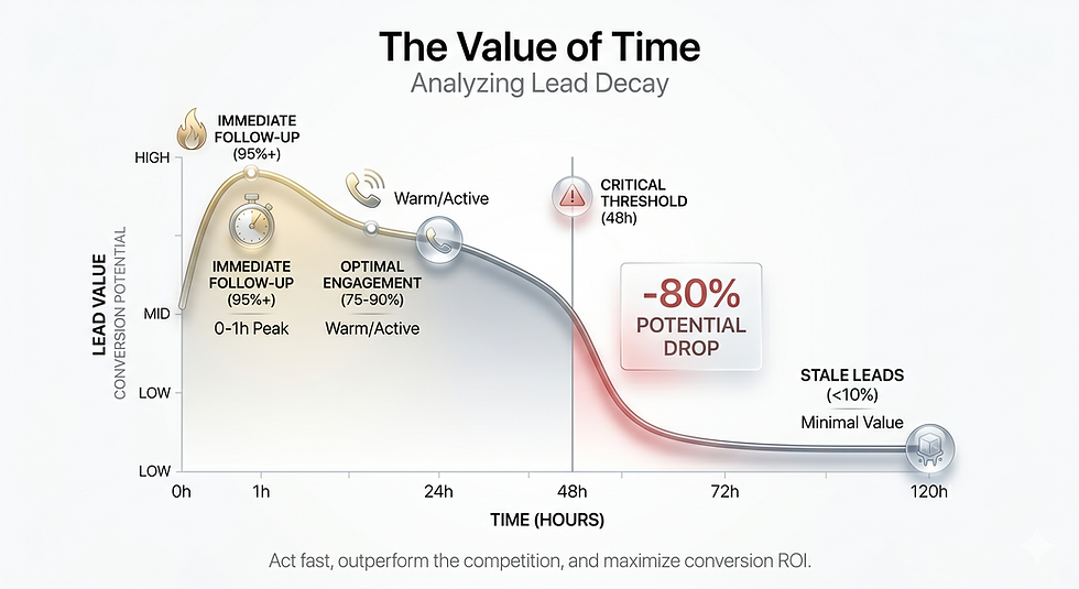 Graph of lead decay: Value drops 80% after 48h. Peak conversion is within 1h; leads become stale after 120h.