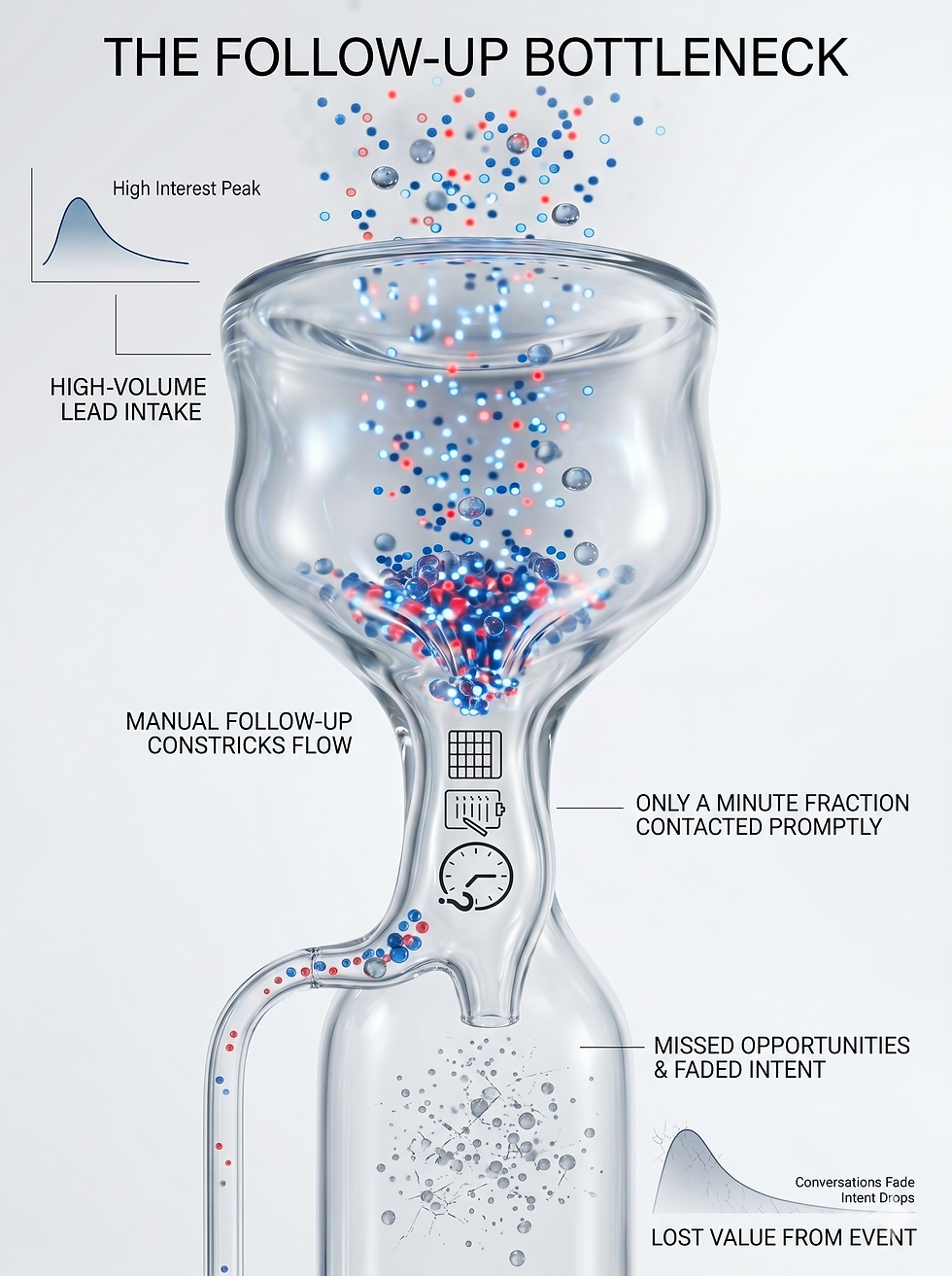 Diagram: Manual follow-up creates a bottleneck for high-volume leads, leading to lost event ROI and value.