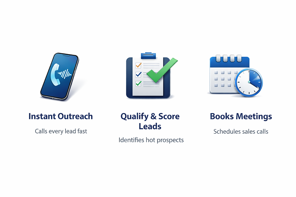 Automated workflow: Instant outreach calls, lead scoring for hot prospects, and meeting booking.