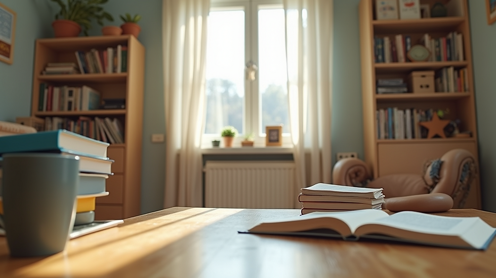 Eye-level view of a cozy home learning space with educational materials