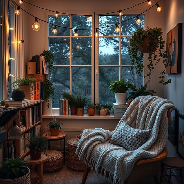 cozy nook with string lighting, books, plants, and a comfy chair and snuggly blanket.jpg