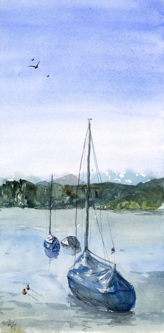 "Boats in Luzern" original painting by Arina Tagmazian