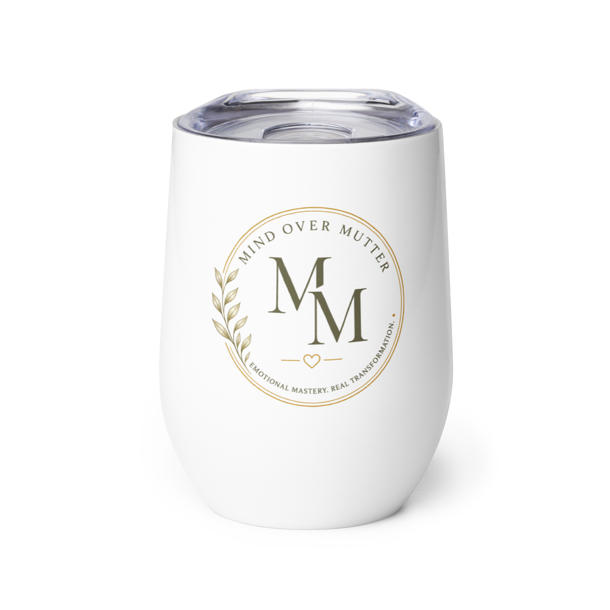 Mind Over Mutter white wine tumbler with MM logo