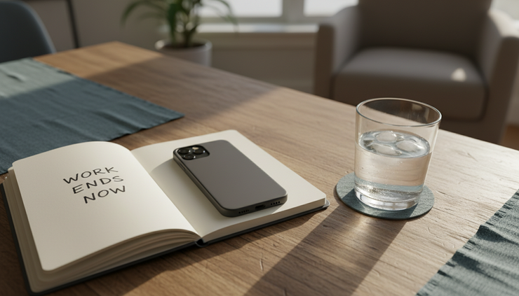 Overhead view of a phone placed face down beside a journal and a glass of water