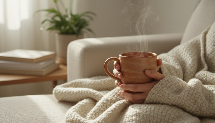 Close-up view of a hand holding a warm mug while sitting under a blanket.