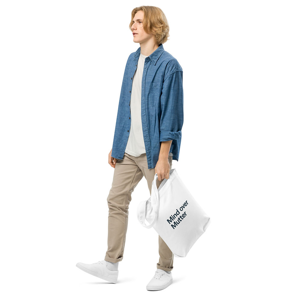 Thumbnail: Person carrying a Mind over Mutter cotton tote bag