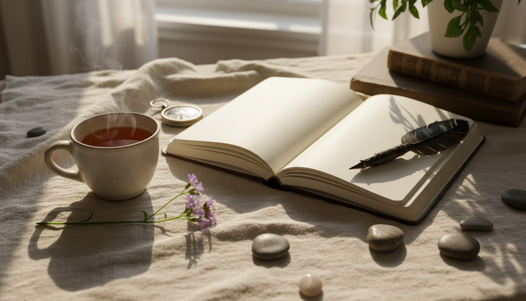 Overhead view of an open journal beside a cup of tea and a small flower.