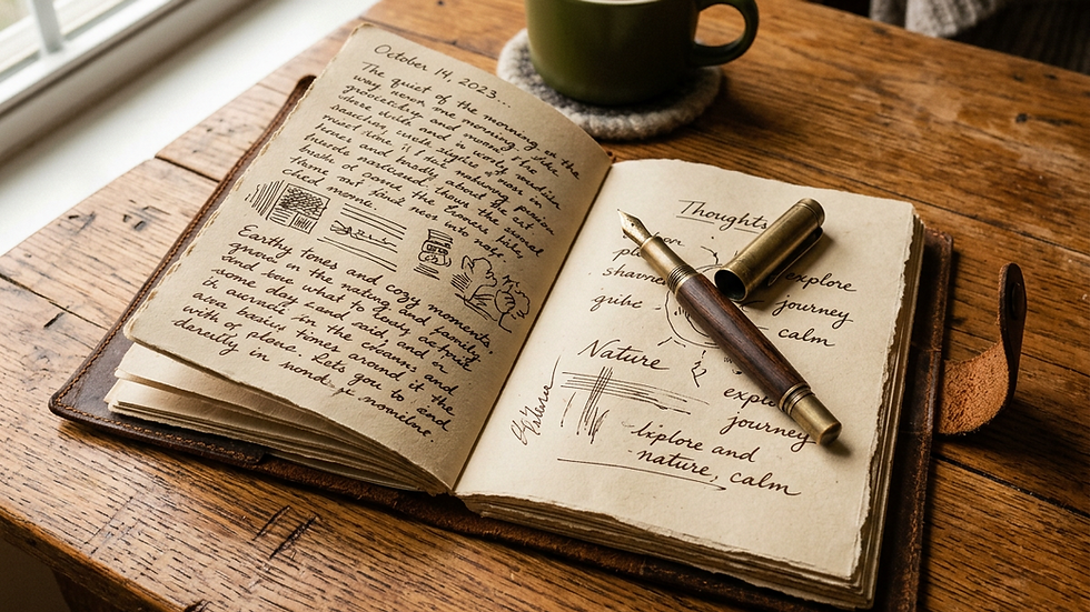 Close-up view of a journal and pen on a wooden table