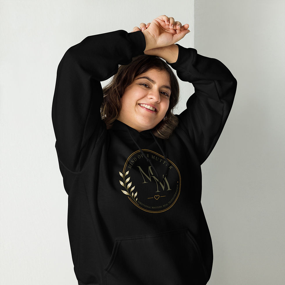 Woman smiling in a Mind over Mutter Unisex Hoodie