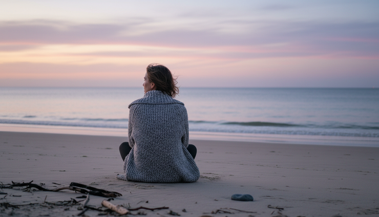 Eye-level view of a person sitting alone on a quiet beach at dusk.