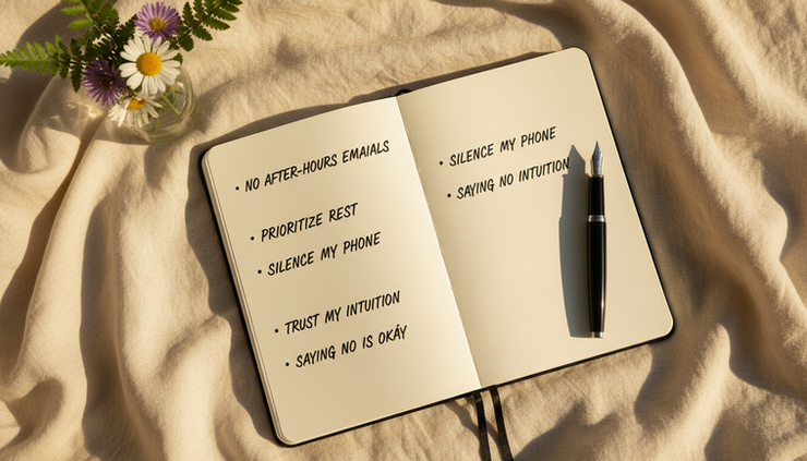 Overhead view of a notebook with simple boundary phrases written beside a pen