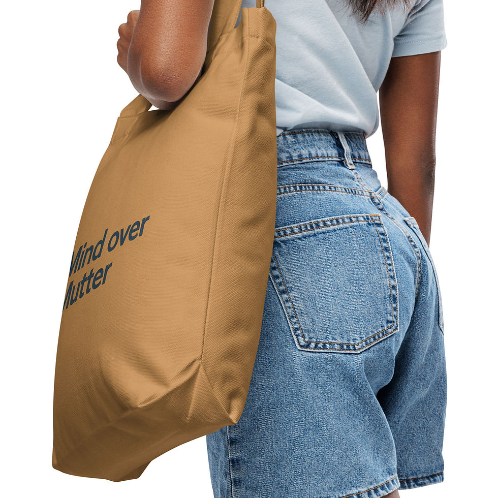 Thumbnail: Mind over Mutter light brown cotton tote bag worn with jeans