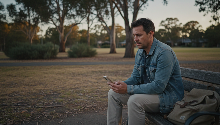 Eye-level view of a person sitting alone on a park bench holding a phone