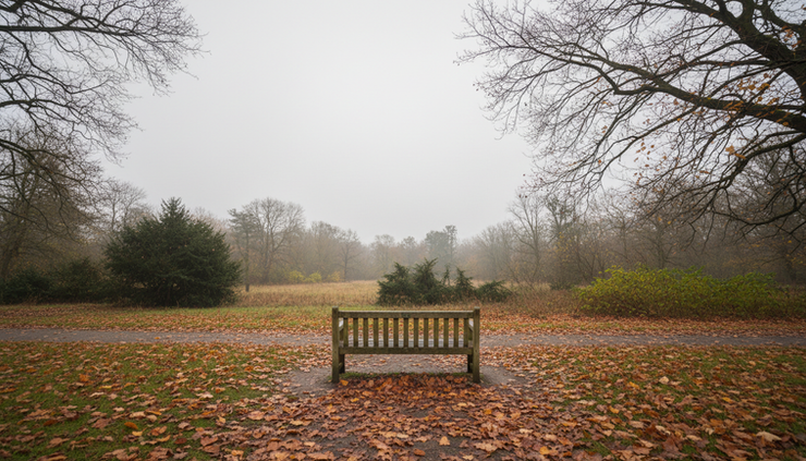 Wide-angle view of an empty park bench on a cloudy afternoon.