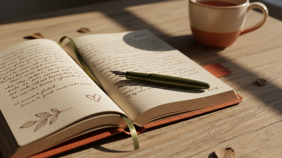 Close-up view of a journal and pen on a wooden table, symbolising emotional expression