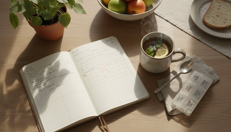 Overhead view of a kitchen table with a journal, herbal tea, and a weekly pill organiser.