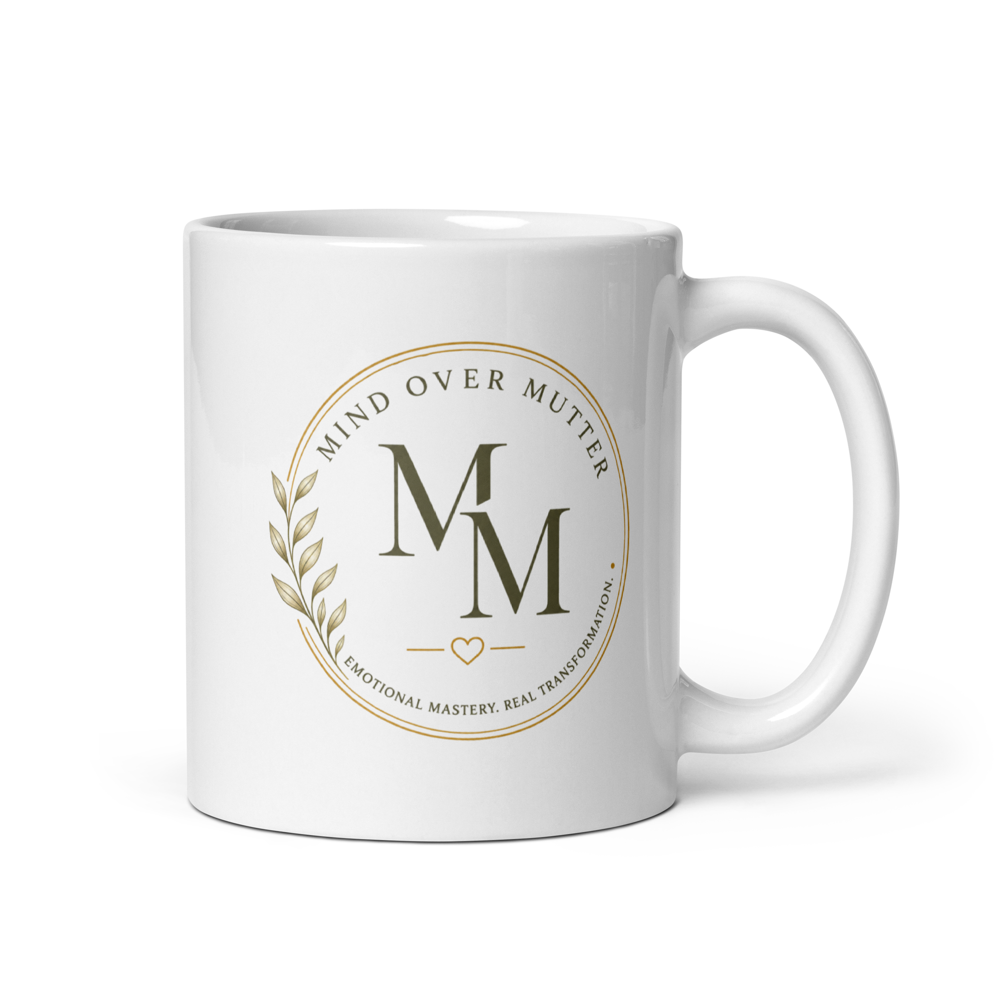 Mind Over Mutter white glossy mug with brand logo