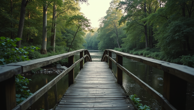 Eye-level view of a wooden bridge over a calm river surrounded by green trees
