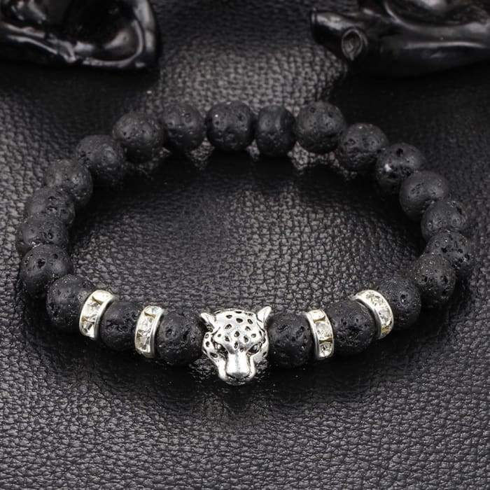 Thumbnail: Silver Onyx Stone Leopard and Lava Stone Beads Men's Bracelet