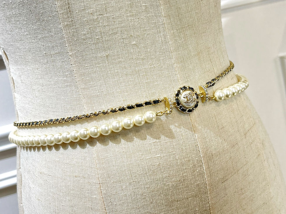 Thumbnail: double c black leather rope double-layer pearl waist chain belt – CHL233
