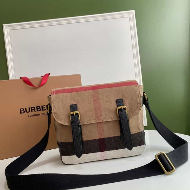 Canvas cotton and linen blend plaid neutral messenger bag – BUR28