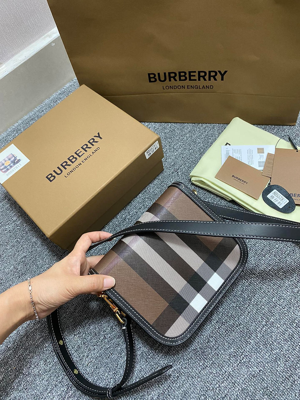 Thumbnail: large plaid and tanned leather diagonal bag – BUR246