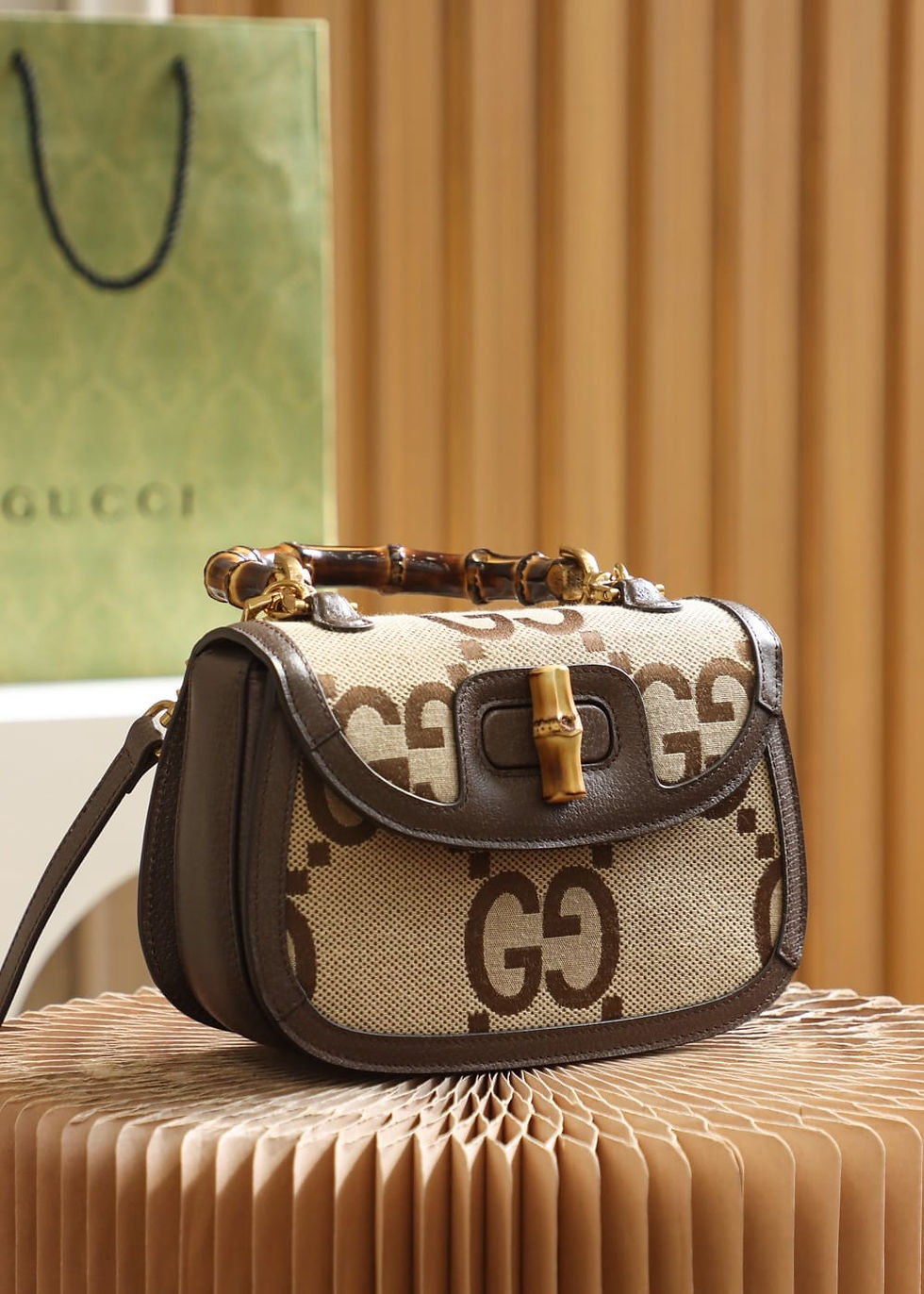 Thumbnail: Gucci Replica Bamboo 1947 Handle Bag – Fake Gucci Knock Off Jumbo GG