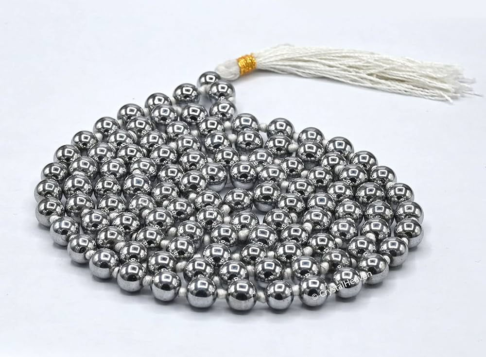 Silver Hematite Mala,108 Beaded Necklace,8mm Pray Bead Mala,Gemstone Necklace