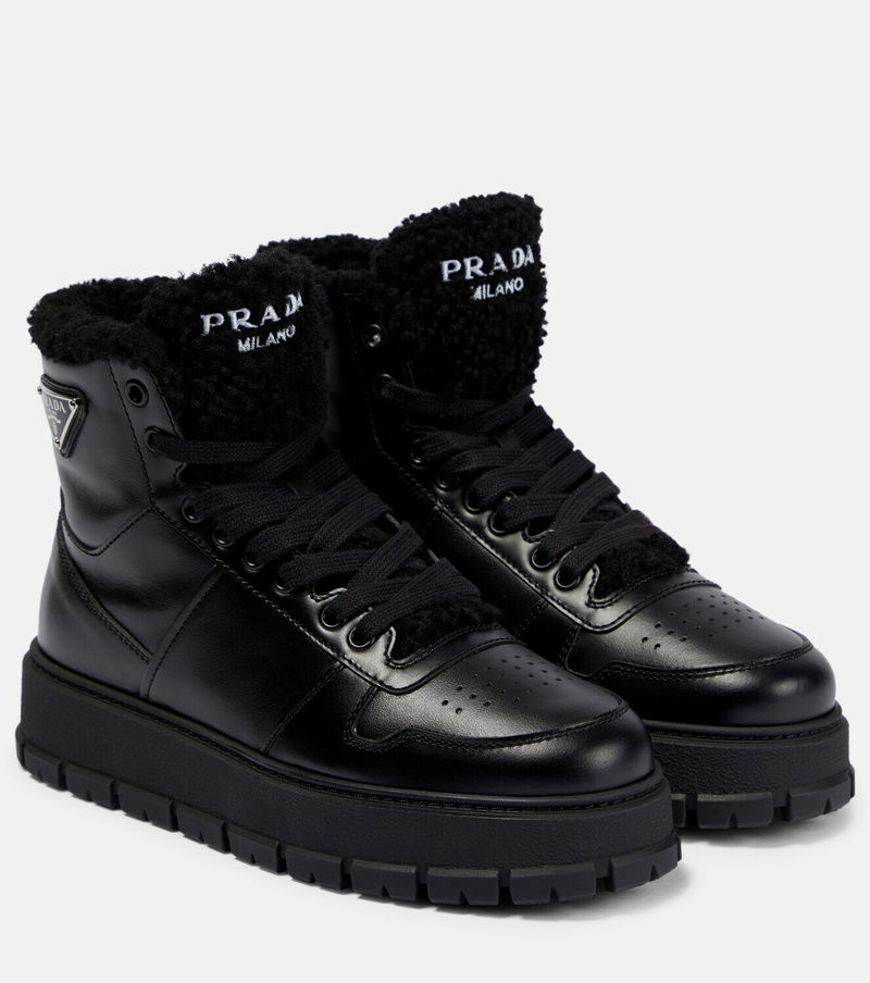 Prada Dupe Shearling-trimmed leather ankle boots