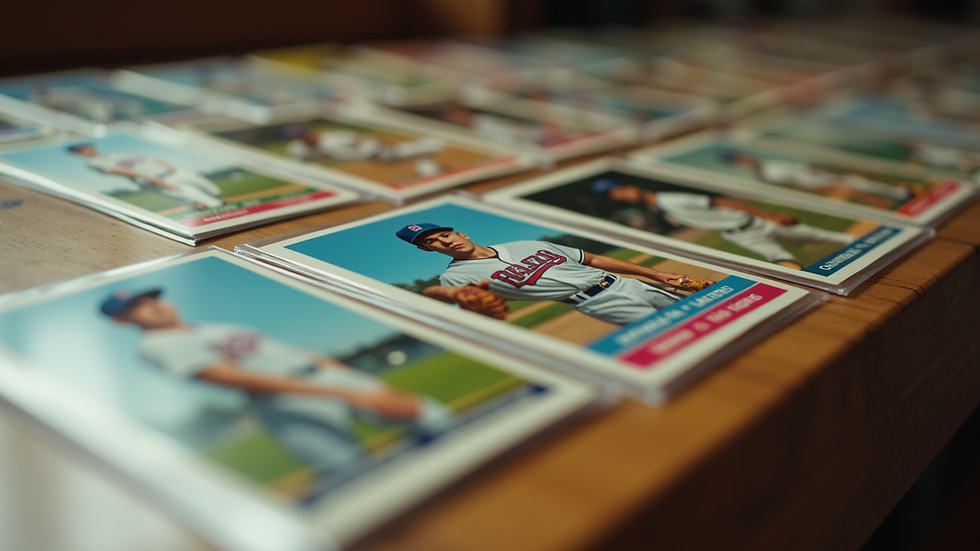 Close-up view of a collection of vintage baseball cards displayed in protective sleeves