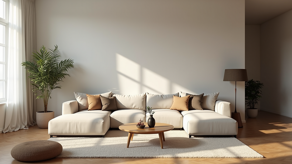 Eye-level view of a cozy living room with minimalist decor
