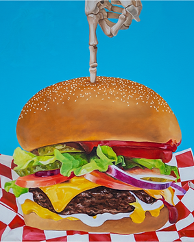 oil painitng of a large cheese burger on red and white wrapping, blue background and a skeleton hand with the index finger touching the top bun