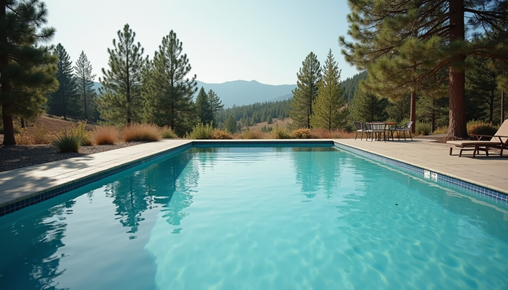 Eye-level view of a clean backyard swimming pool surrounded by Idaho pine trees