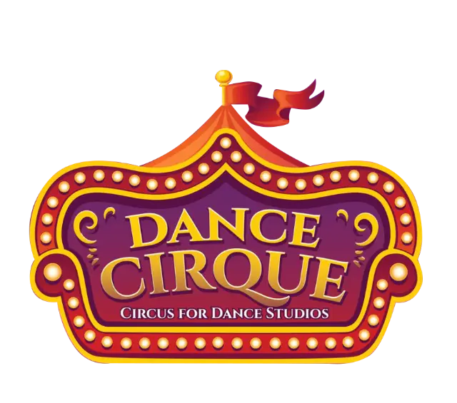 Une publicité pour le nouveau cours de danse cirque qui ouvrira bientôt, affichée sur un chapiteau de cirque et un fond blanc.