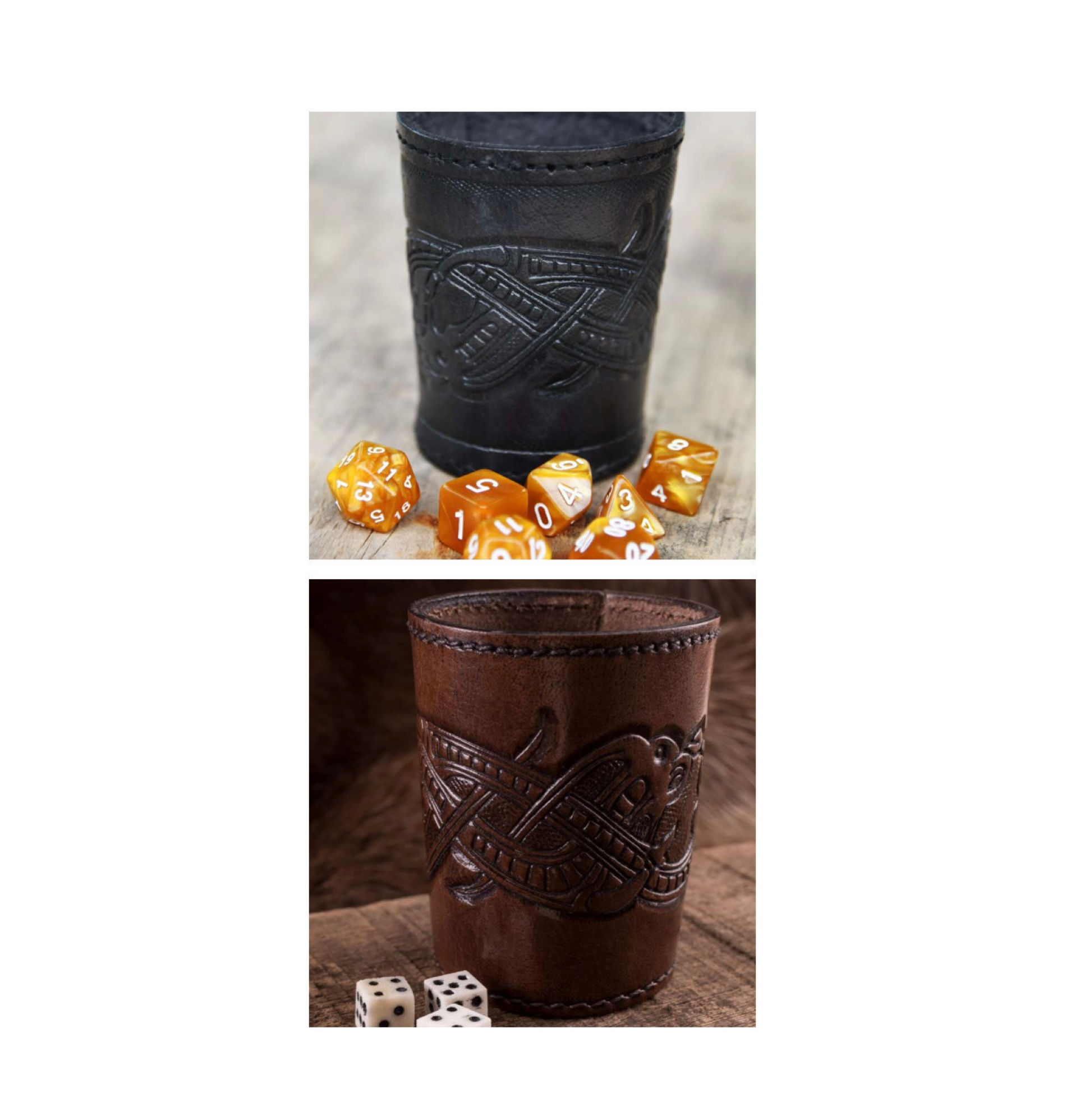 Brown or Black Dice Shaker, Leather with Embossed Dragon Motif, Jelling Style.