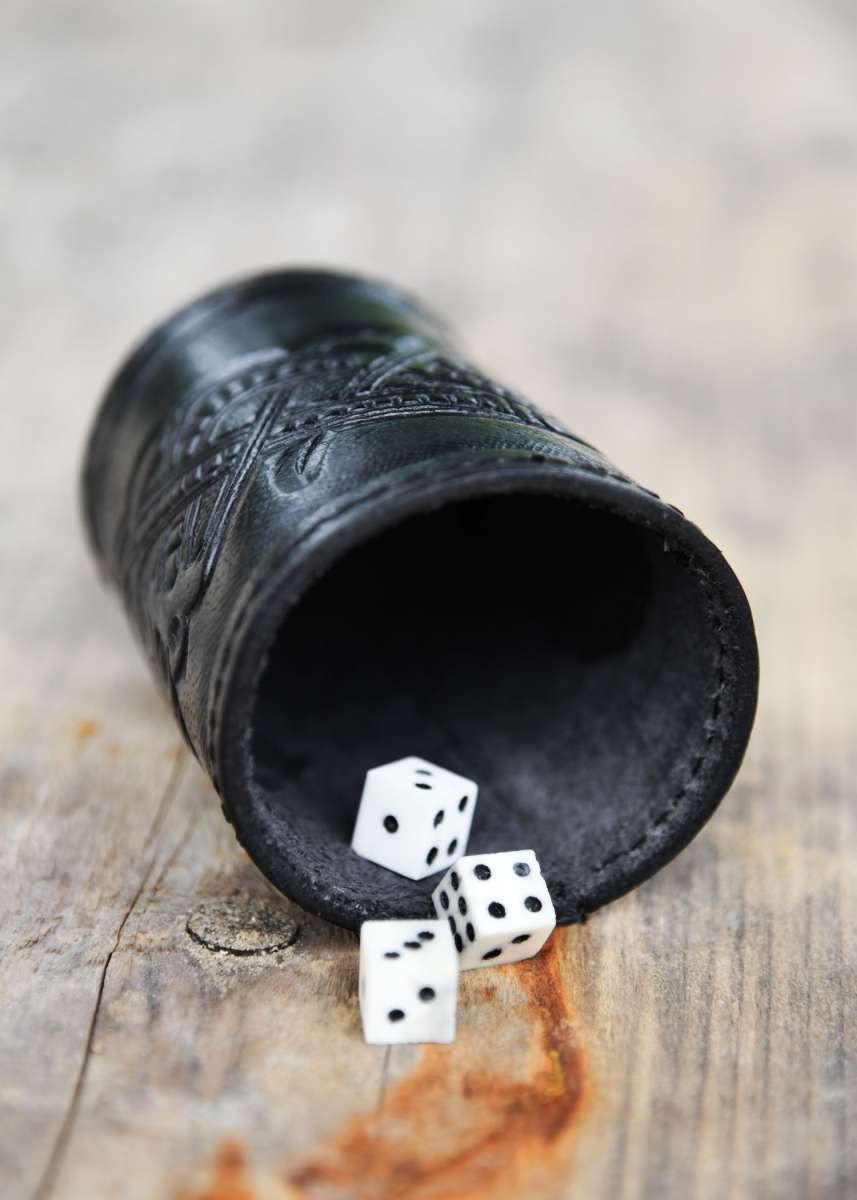 Thumbnail: Brown or Black Dice Shaker, Leather with Embossed Dragon Motif, Jelling Style.