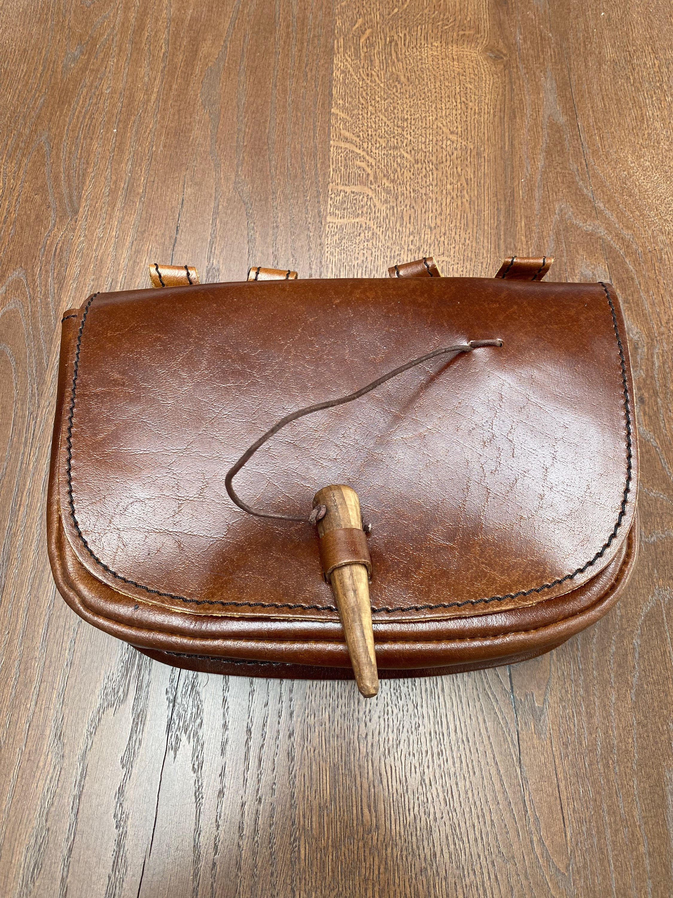 Handmade Medieval Brown Leather Belt Bag With Wooden Pin